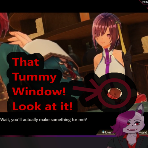 Screenshot of Kati and Sophie, from Atelier Sophie 2. The text reads: That Tummy Window! Look at it! With an arrow highlighting the tummy window. In the bottom you can see my VTuber Avatar