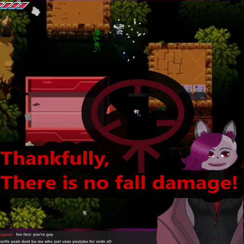 Screenshot of Unsighted. The text reads: Thankfully, There is no fall damage! With an arrow highlighting the player character falling. In the bottom you can see my VTuber Avatar