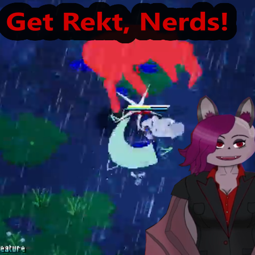 An enemy from Unsighted in its last death frame, the words Get Rekt, Nerds!, my VTuber avatar